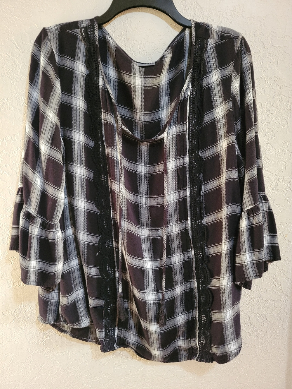 Black & White Plaid Tunic Top with Ruffle Sleeve